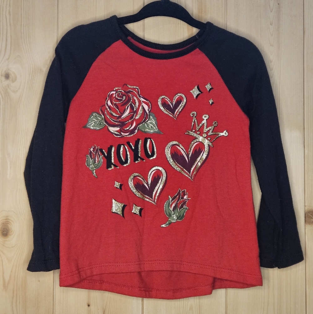 2T Garanimals Red and Black Long Sleeve Tee with Heart and Rose Design
